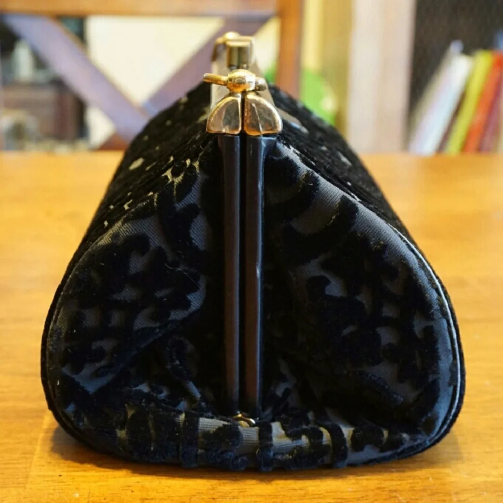 Black Patterned Velvet Clutch with Gold Frame